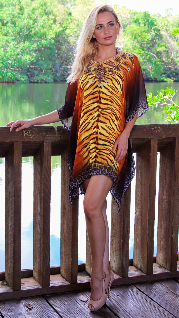 Embellished Animal Print Kaftan | Beach Cover-Up  La Moda Clothing