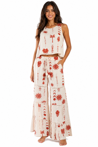 Terracotta folk-print sleeveless tank with matching wide-leg pants resort set — view 4