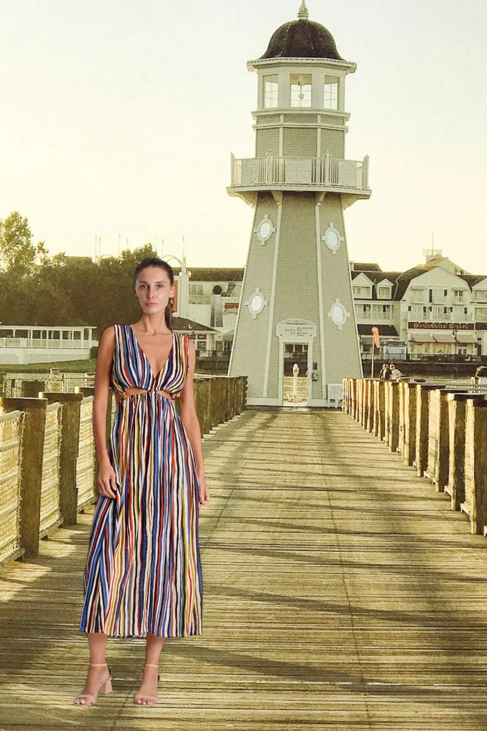Cutout Striped Maxi Dress  La Moda Clothing