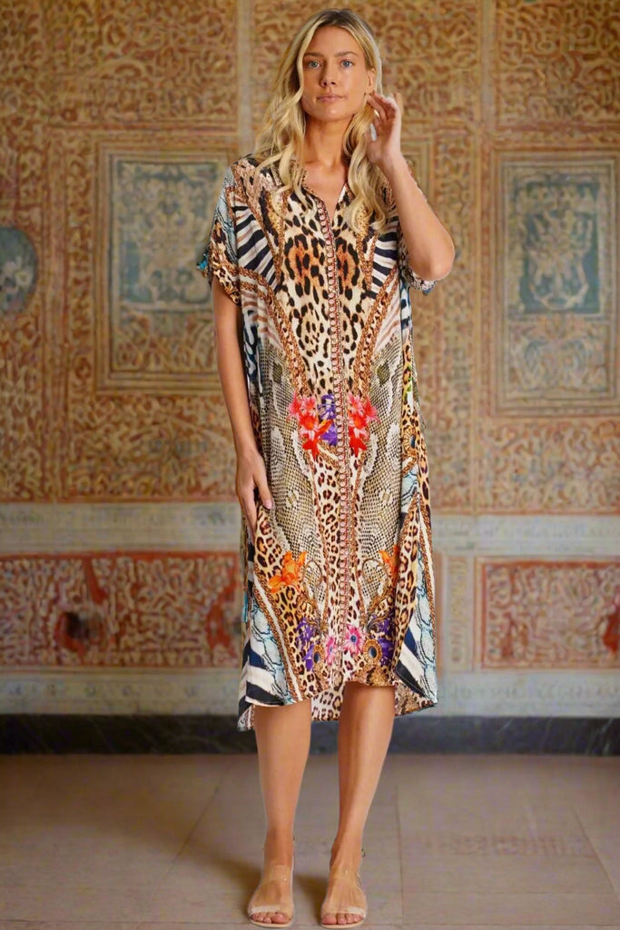 Mixed Animal Pattern Shirt Dress  La Moda Clothing
