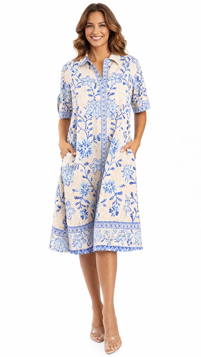 Blue Print Shirt Dress – Luxury Resort Wear Vacation Dress with Pockets La Moda Clothing