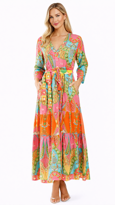 Vibrant Paisley Maxi Shirt Dress β Luxury Resort Wear Cover Up | Club ModaΒ La Moda Clothing