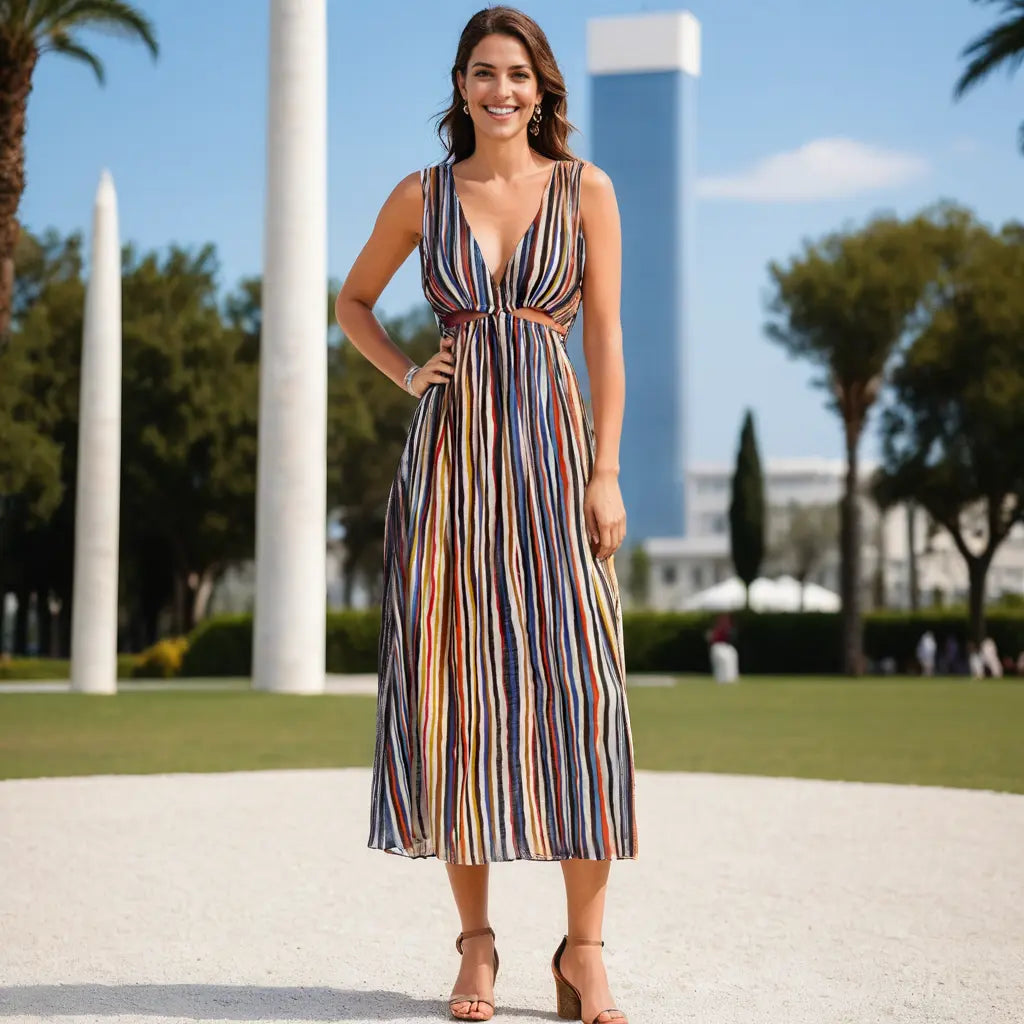 Cutout Striped Maxi Dress  La Moda Clothing