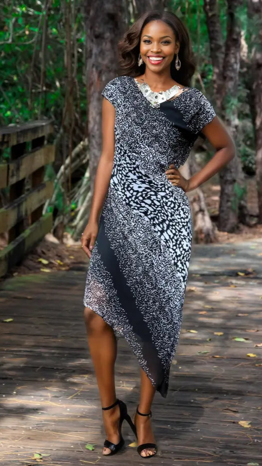 Cap Sleeve V Neck Asymmetrical Dress in Animal Print | Animal Print Dresses  La Moda Clothing