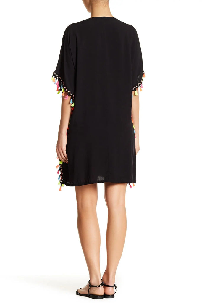 Black Kaftan Style Tunic with Multi Colored Tassels and Ties - La Moda Clothing