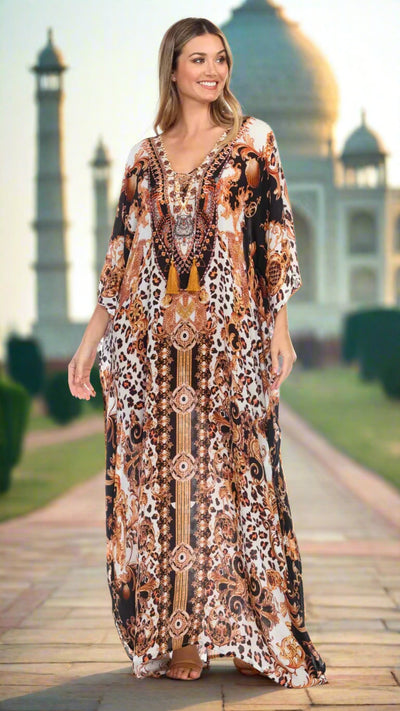 Royal Jungle Flowy Rhinestone V Neck Long Caftan Dress/Cover Up - La Moda Clothings