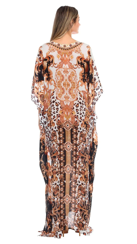 Royal Jungle Flowy Rhinestone V Neck Long Caftan Dress/Cover Up - La Moda Clothings
