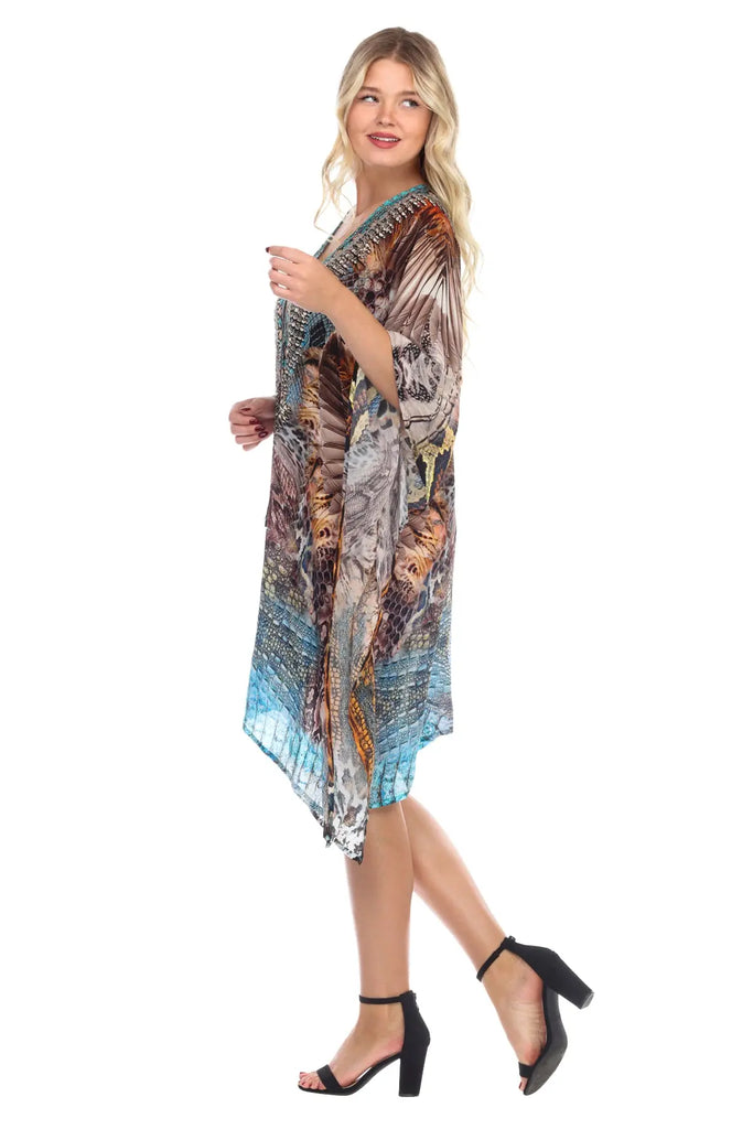 Women's Viscose Silk Caftan Poncho Cover up V Neck Top Lace up - La Moda Clothings