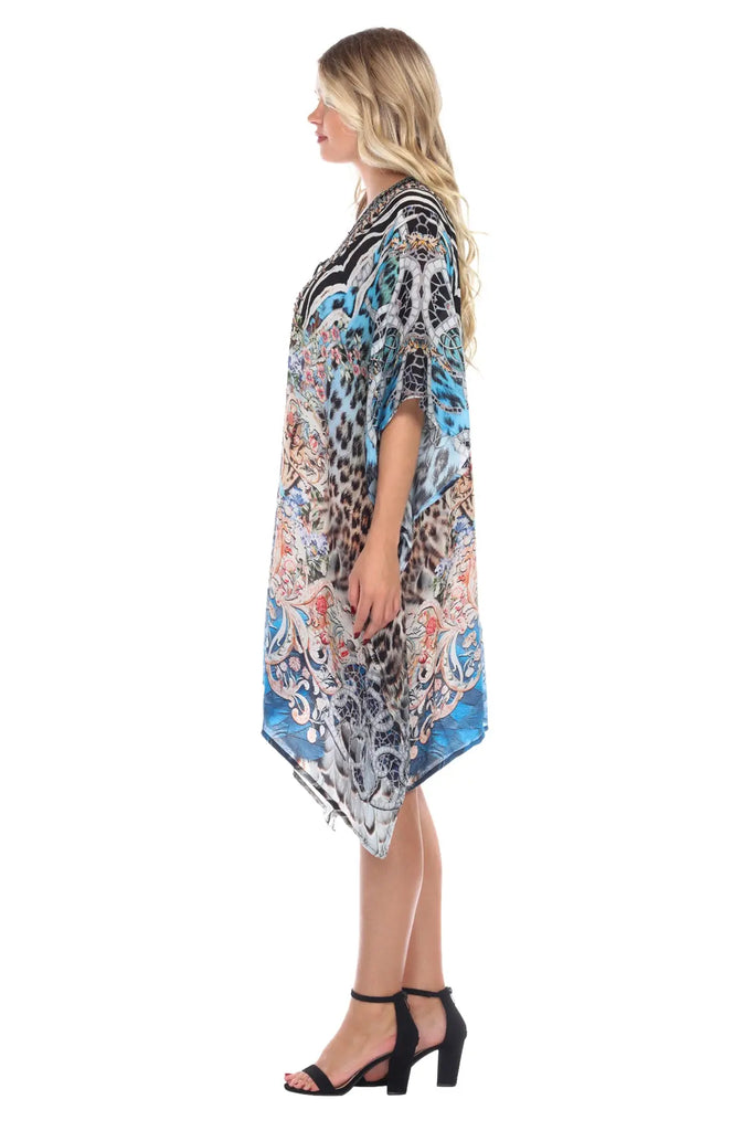 Luxury Silk Caftan Dress/Cover Up with V-Neck Cross Lace - La Moda Clothings