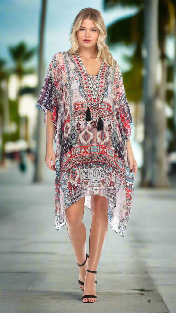 Ligthweight Rhinestone V Neck Printed Short Caftan in Viscose Silk - La Moda Clothings