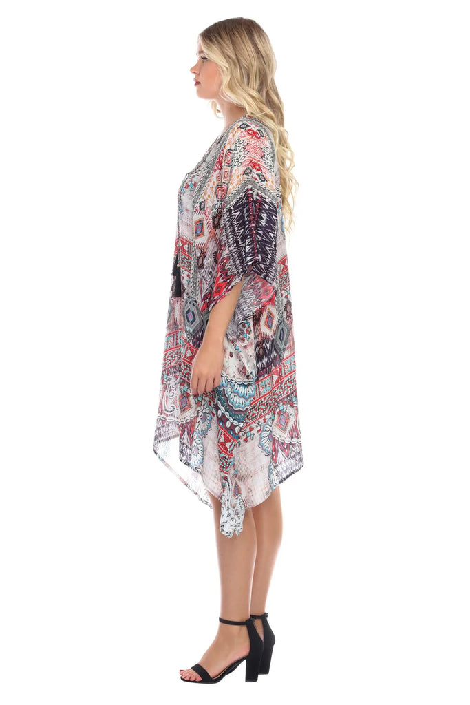 Ligthweight Rhinestone V Neck Printed Short Caftan in Viscose Silk - La Moda Clothings