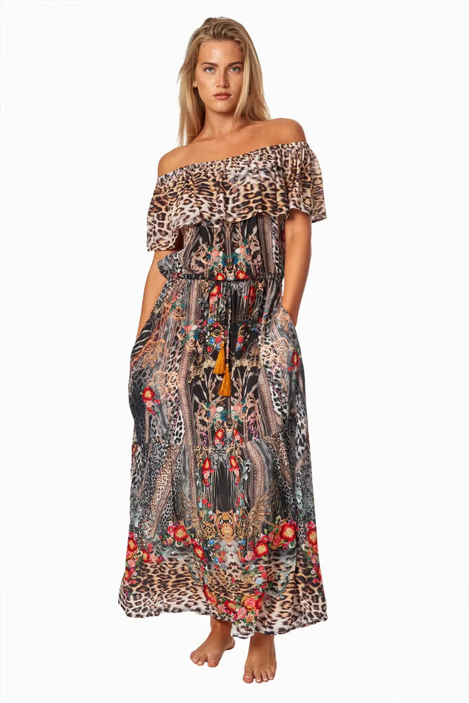 Eclectic Jungle Long Off the Shoulder Dress - La Moda Clothing