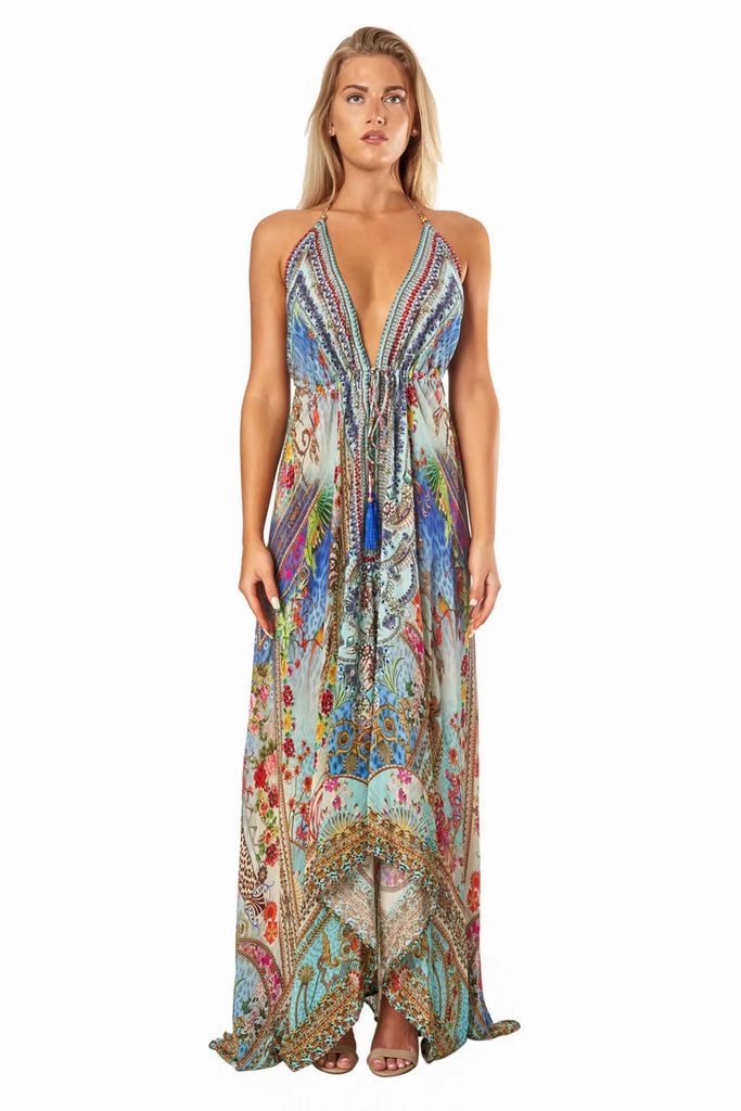 Queens Garden High-Low Halter Handkerchief Long Dress for Beach Party - La Moda Clothing