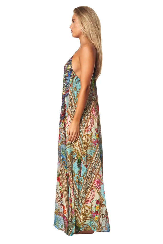 Queens Garden Bohemian T-back Maxi Dress with Front Pockets - La Moda Clothing