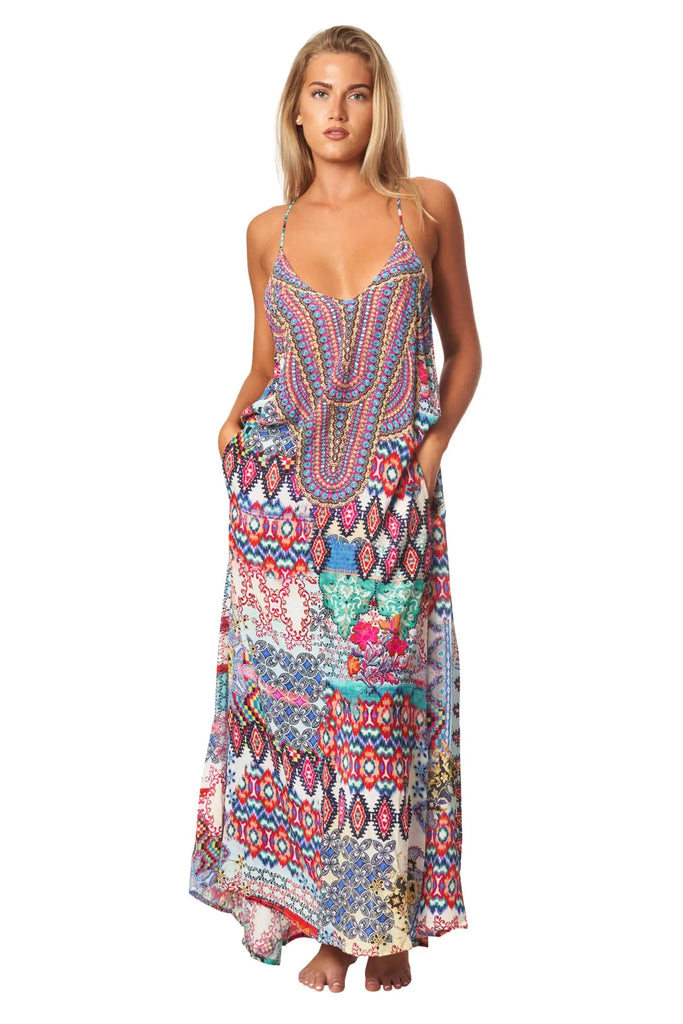 Tribal Ikat Elegant Maxi Pocket Dress in Viscose Silk - La Moda Clothing