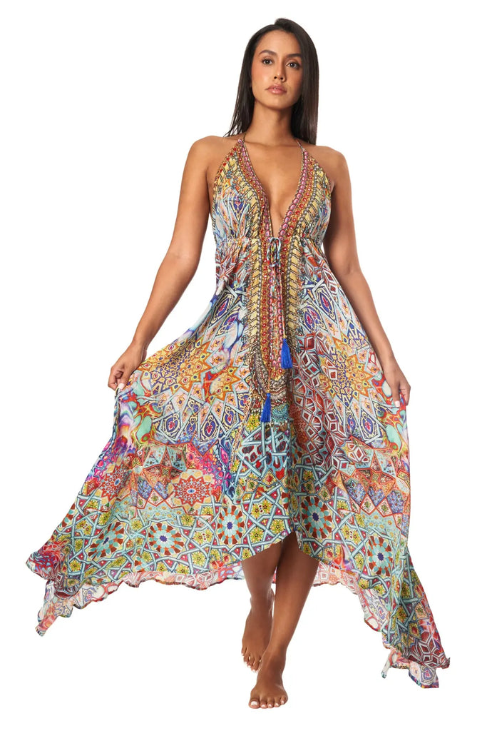 River Bed Designer Halter Neck Backless Resort Dress For Woman - La Moda Clothing