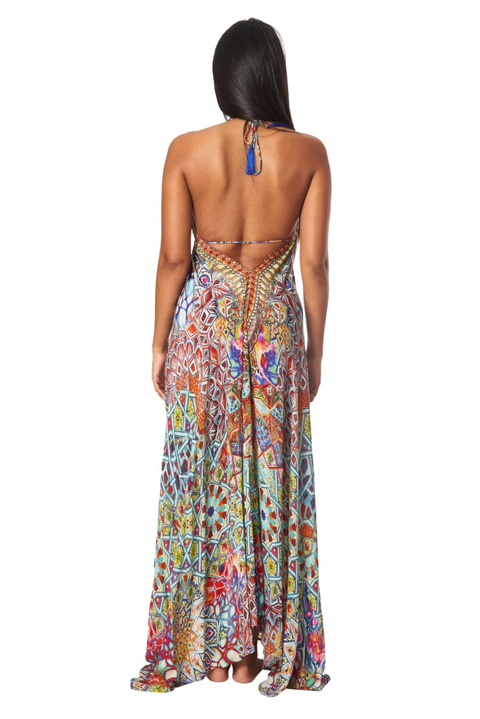 River Bed Designer Halter Neck Backless Resort Dress For Woman - La Moda Clothing