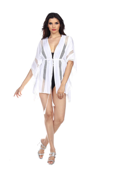 See-Through White Front Tie Beach Kaftan Style Cover-Up In Rayon - La Moda Clothings