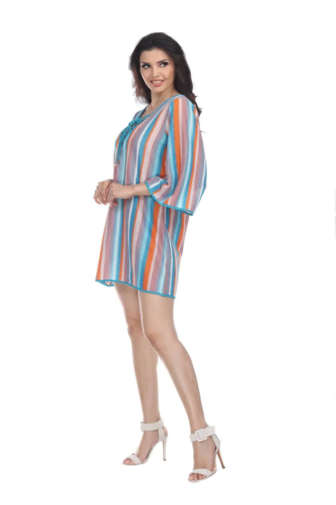 Multi-Color Stripe Pattern Short Polyester Tunic - La Moda Clothings