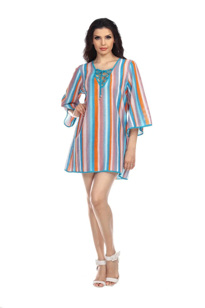 Multi-Color Stripe Pattern Short Polyester Tunic - La Moda Clothings