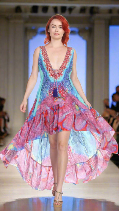Designer High Low Polyester Multi-Color Dress - La Moda Clothings