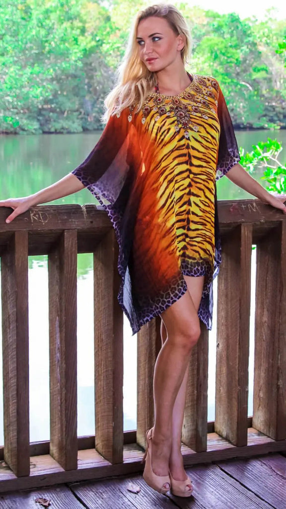 Embellished Animal Print Kaftan | Beach Cover-Up - La Moda Clothings
