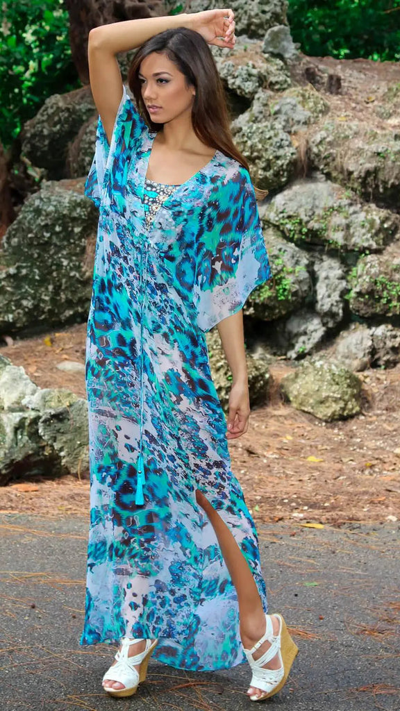 Printed Sheer Long Kaftan-Style Robe And Beachwear Cover Up - La Moda Clothings
