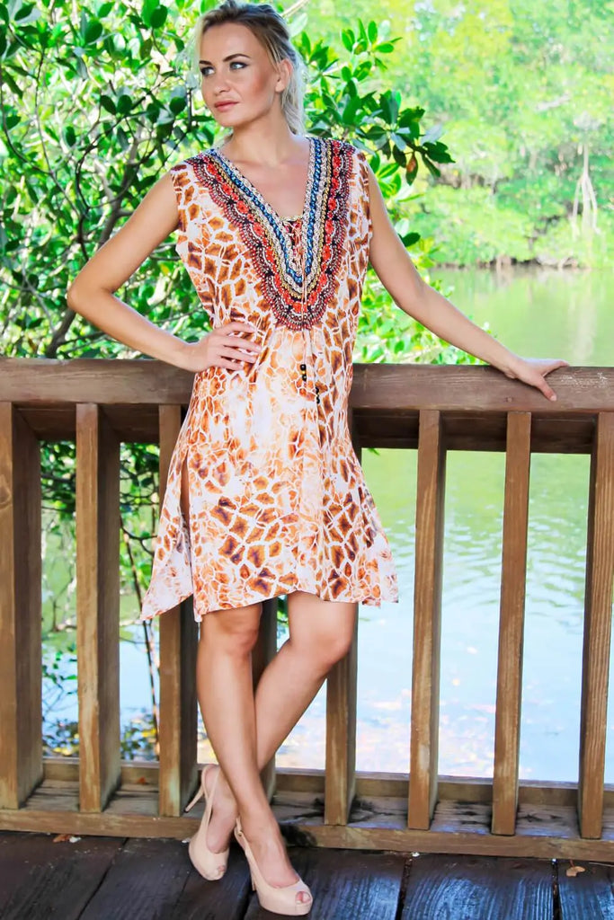 Printed Sleeveless V-Neck Beach Cover Up Dress - La Moda Clothings