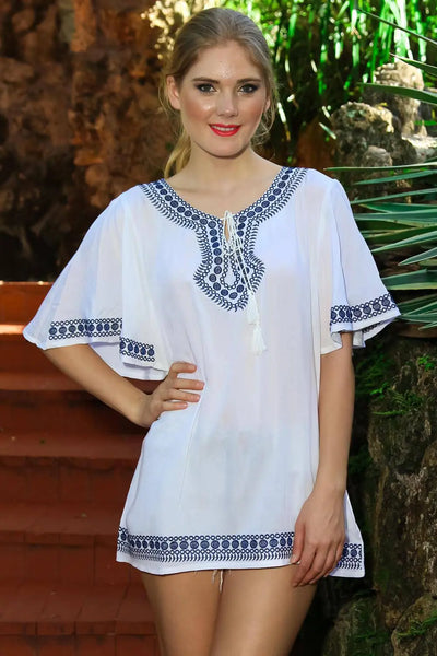 Blue and white embroidered cover-up