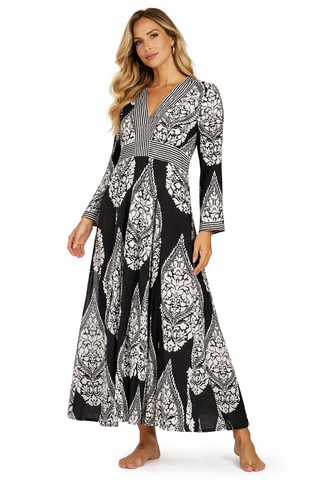 Black bold black & white damask medallion with geometric border Boho Maxi Dress — front view | Wholesale resort wear for b...