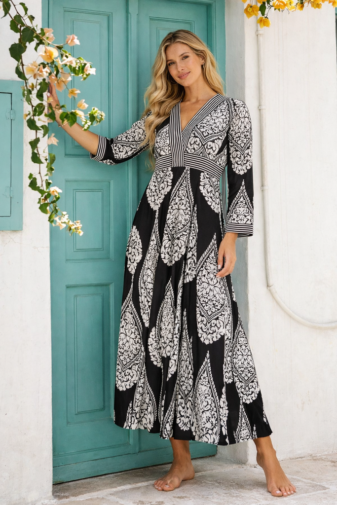 Black bold black & white damask medallion with geometric border Boho Maxi Dress — close-up of print & trim | Wholesale boh...