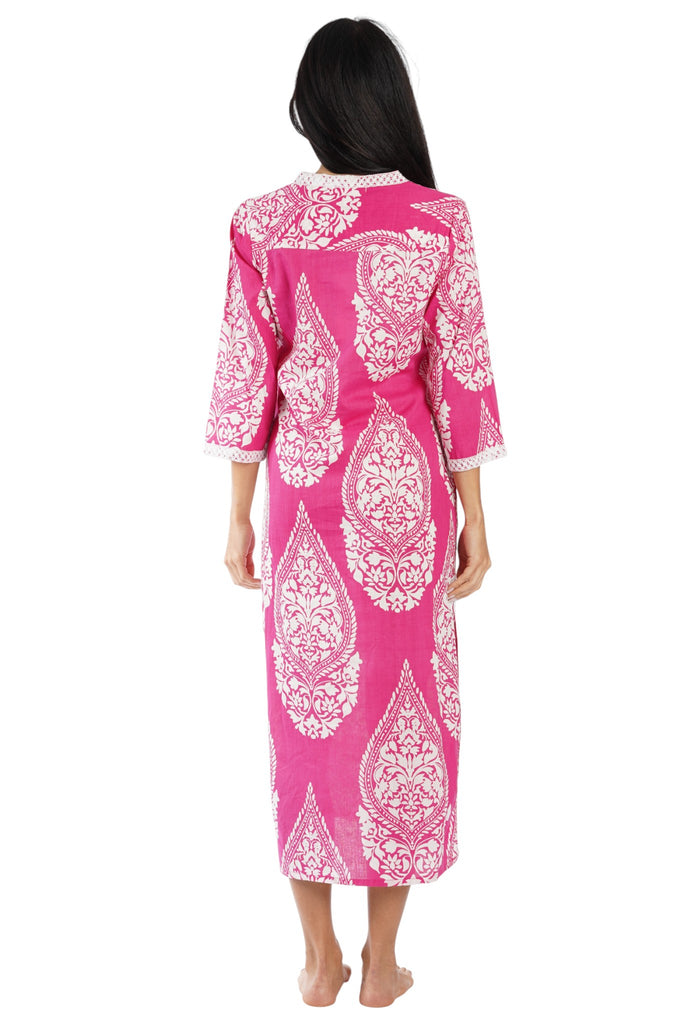 Fuchsia Pink classic paisley medallion print (white motifs on fuchsia pin Resort Maxi Kaftan — back view | Caribbean bouti...