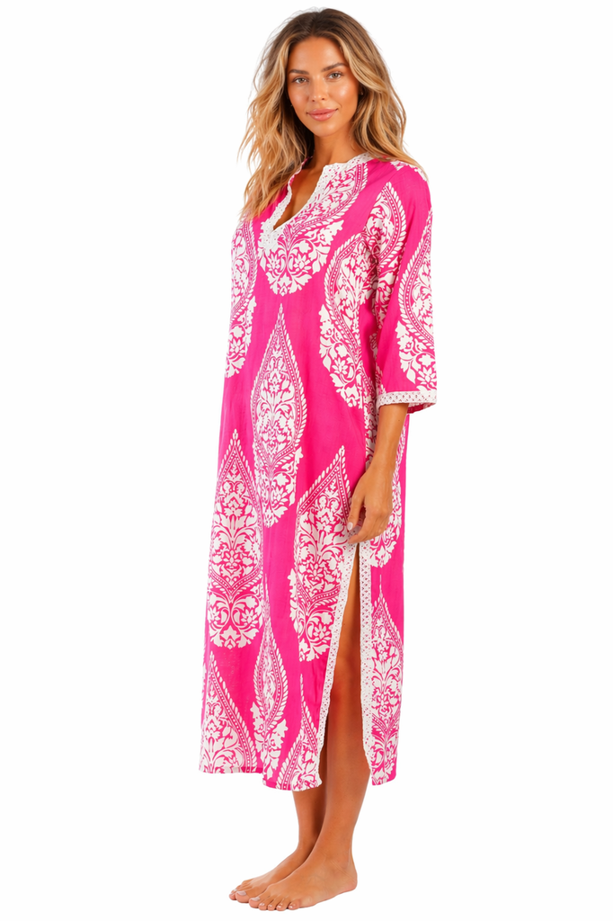 Fuchsia Pink classic paisley medallion print (white motifs on fuchsia pin Resort Maxi Kaftan — side detail | Bulk B2B reso...
