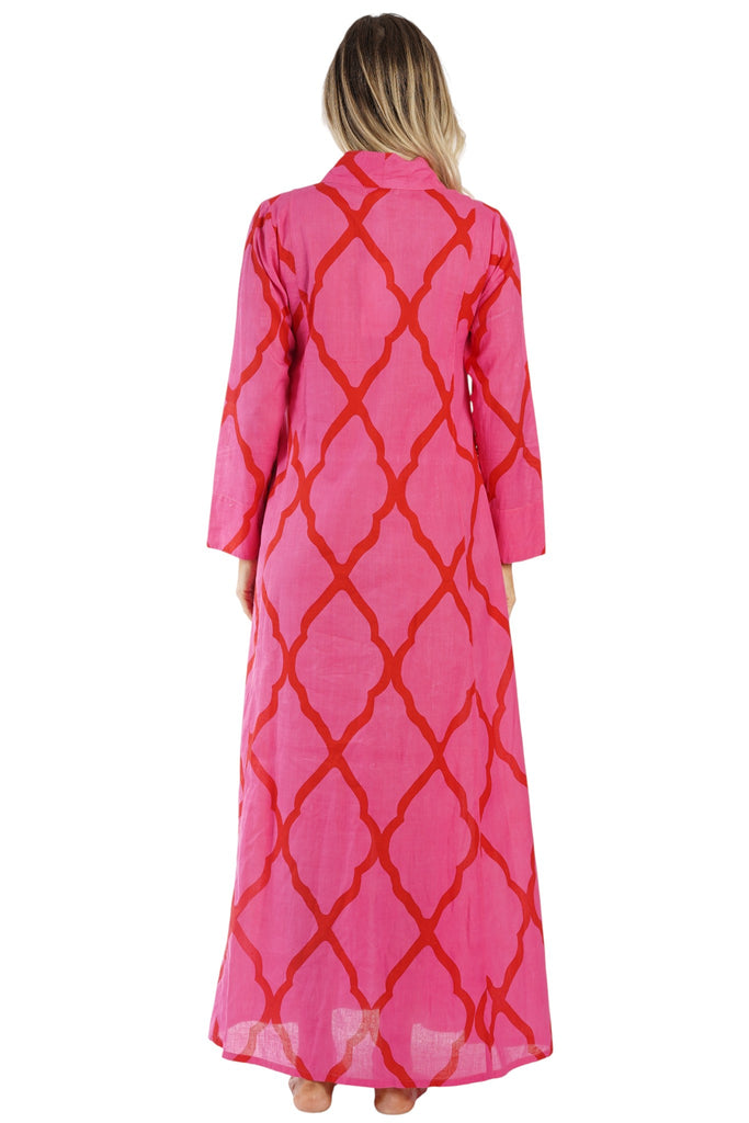 Hot Pink modern abstract ikat brushstroke print Flowy Resort Maxi Kaftan — back view | Caribbean boutique wholesale, MOQ 1...