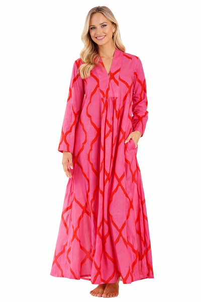 Hot Pink modern abstract ikat brushstroke print Flowy Resort Maxi Kaftan — front view | Wholesale resort wear for boutique...