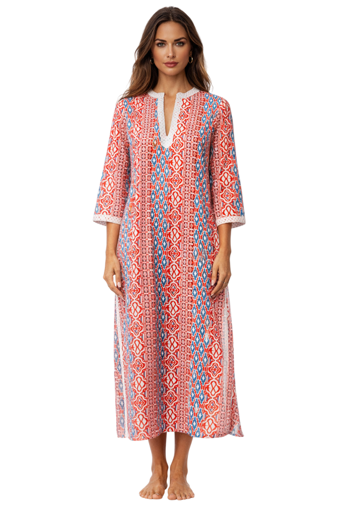 Red Multi tribal ikat geometric print in red, blue, and white Resort Maxi Kaftan — close-up of print & trim | Wholesale bo...