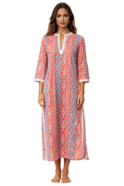 Red Multi tribal ikat geometric print in red, blue, and white Resort Maxi Kaftan — close-up of print & trim | Wholesale bo...