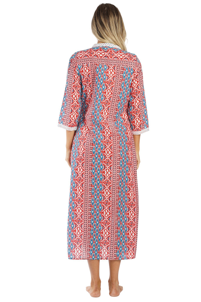 Red Multi tribal ikat geometric print in red, blue, and white Resort Maxi Kaftan — back view | Caribbean boutique wholesal...