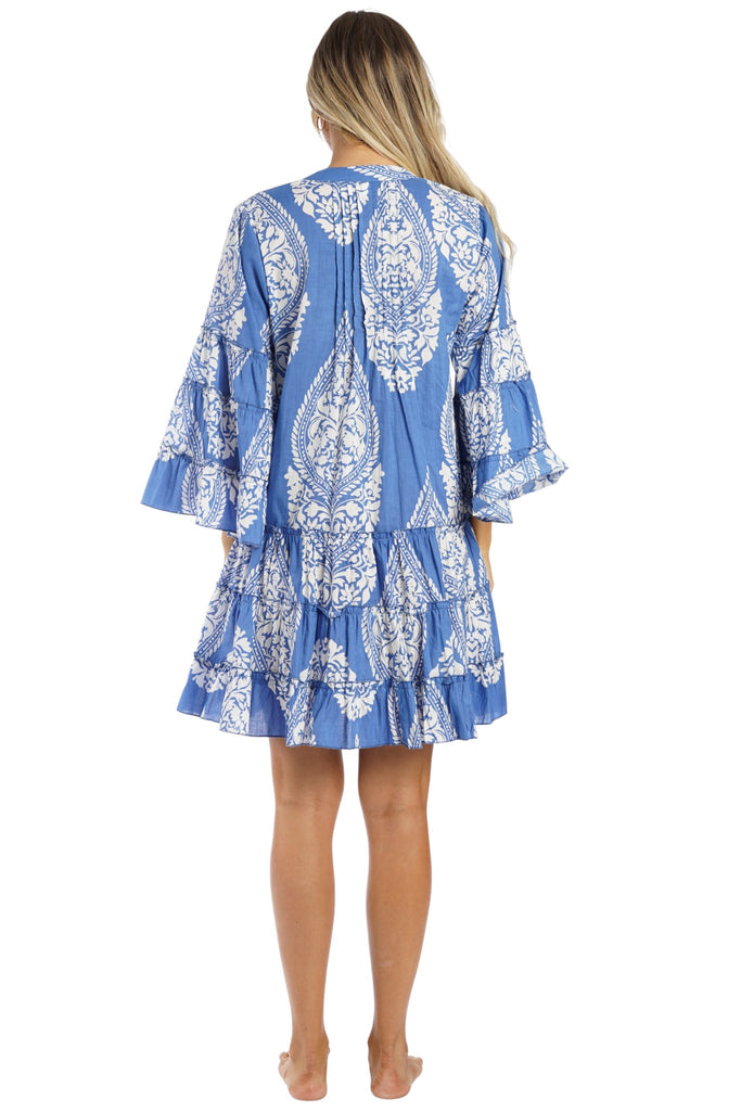 Cobalt Blue block-print damask motifs in cobalt blue on white Tiered Boho Mini Dress — back view | Caribbean boutique whol...