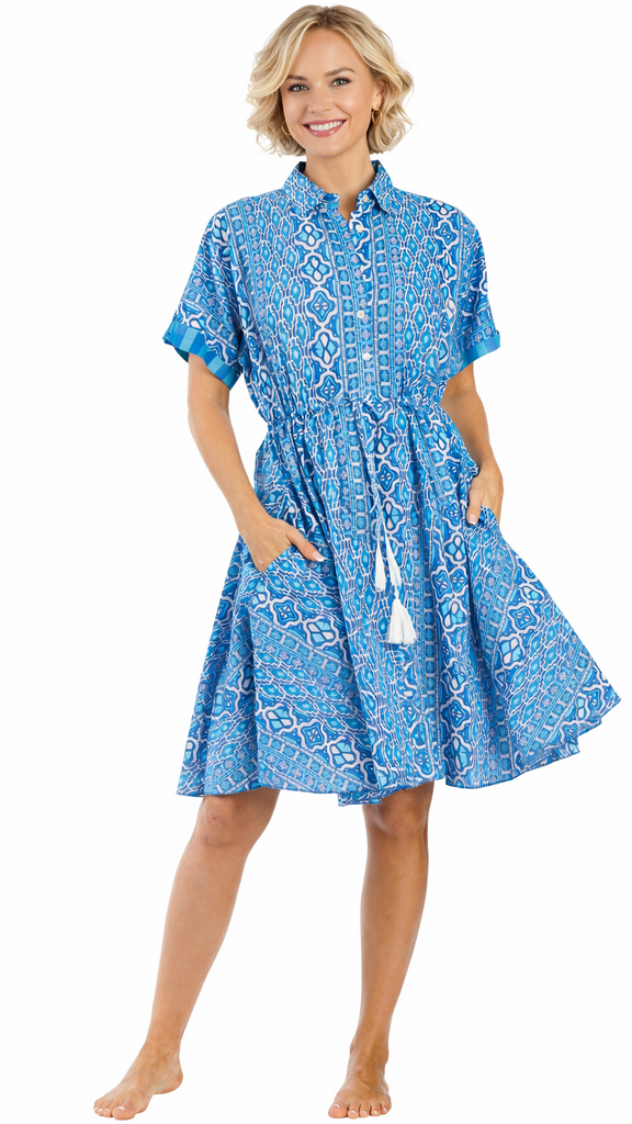 Blue Printed Mini Dress | Luxury Resort Wear Mini for Boutique Buyers  La Moda Clothing