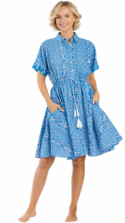 Blue Printed Mini Dress | Luxury Resort Wear Mini for Boutique Buyers  La Moda Clothing