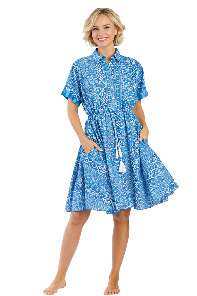 Navy Blue coastal starfish and sea-life motif in navy blue on white Fit-and-Flare Shirt Dress — full-length styling shot |...