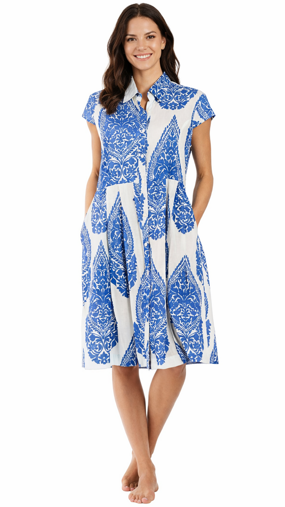 Blue & White Printed Mini Dress | Resort Shirt Dress for Boutiques  La Moda Clothing