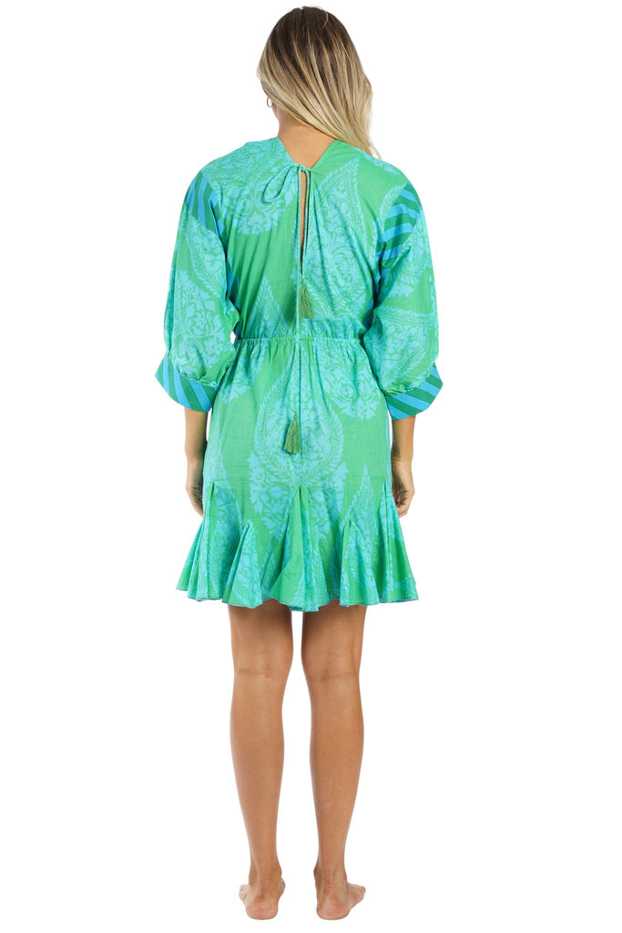 Turquoise tropical ombre tie-dye Tie-Dye Tiered Babydoll Dress — back view | Caribbean boutique wholesale, MOQ 1 prepack