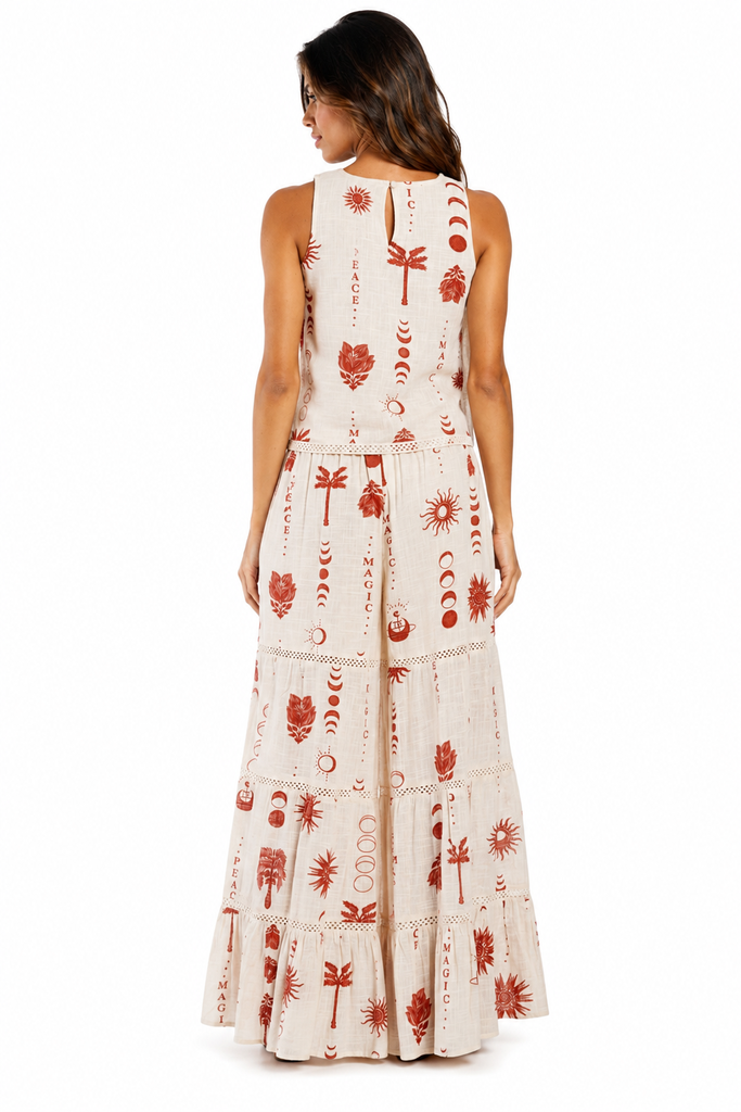 Terracotta folk-print sleeveless tank with matching wide-leg pants resort set — view 3