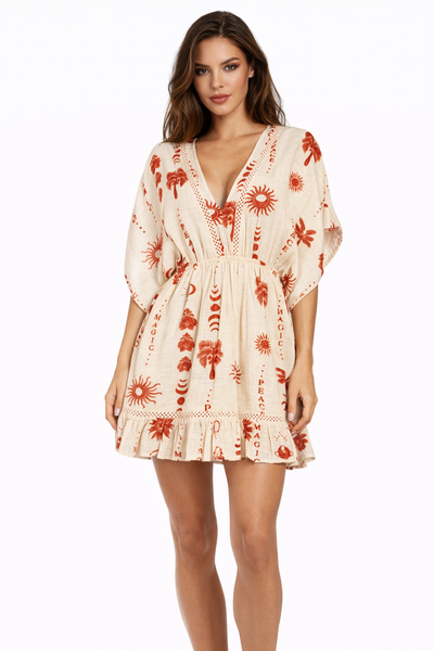 Terracotta folk-print kimono-sleeve mini resort dress — view 1
