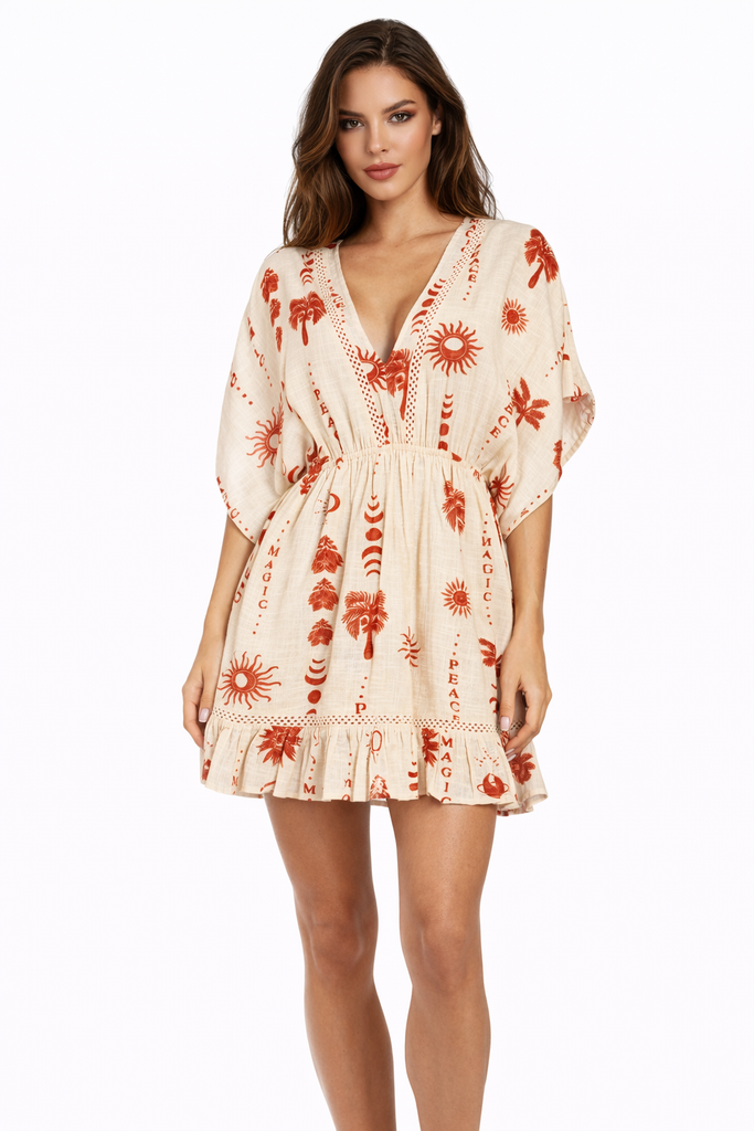 Terracotta folk-print kimono-sleeve mini resort dress — view 1