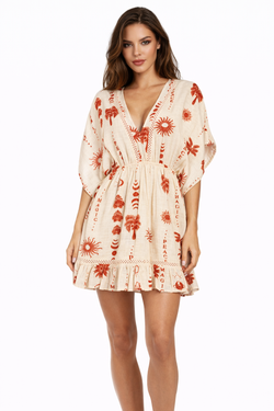 Terracotta folk-print kimono-sleeve mini resort dress — view 1