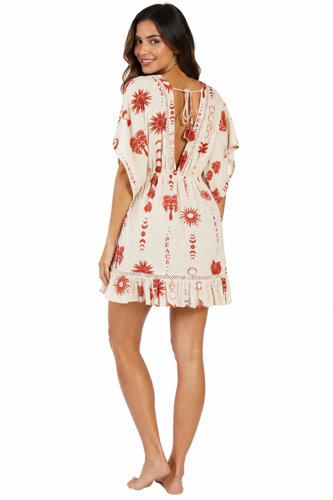 Terracotta folk-print kimono-sleeve mini resort dress — view 2