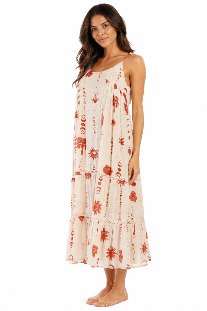 Terracotta folk-print tiered spaghetti-strap maxi resort dress — view 1